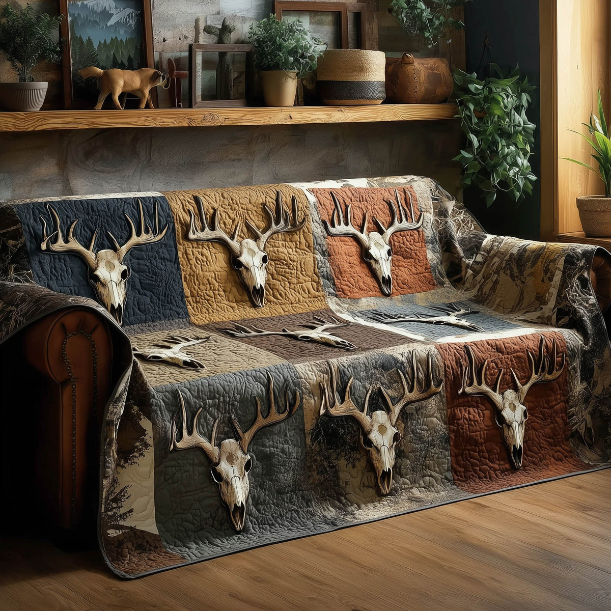 Deer Skulls in Sandstone Squares Sofa Cover