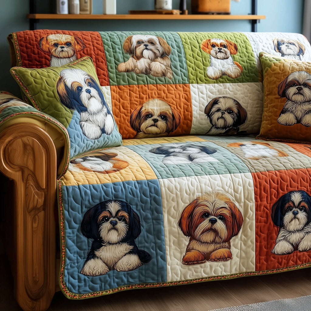 Shih Tzu Portraits on Powder Blue Sofa Cover
