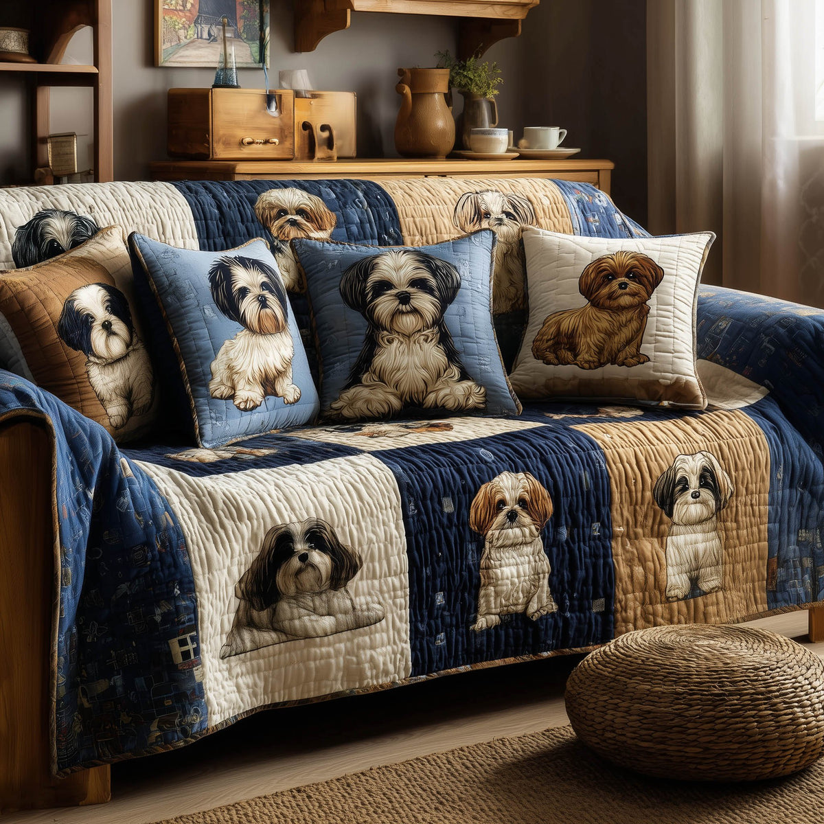 Shih Tzu Blocks in Deep Navy Sofa Cover