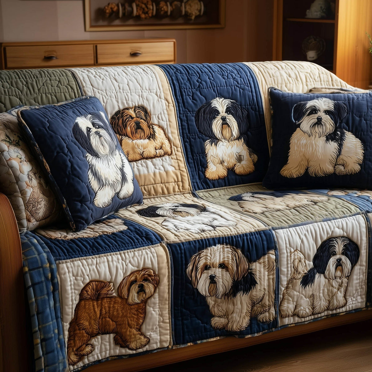 Shih Tzu Squares in Warm Taupe Sofa Cover