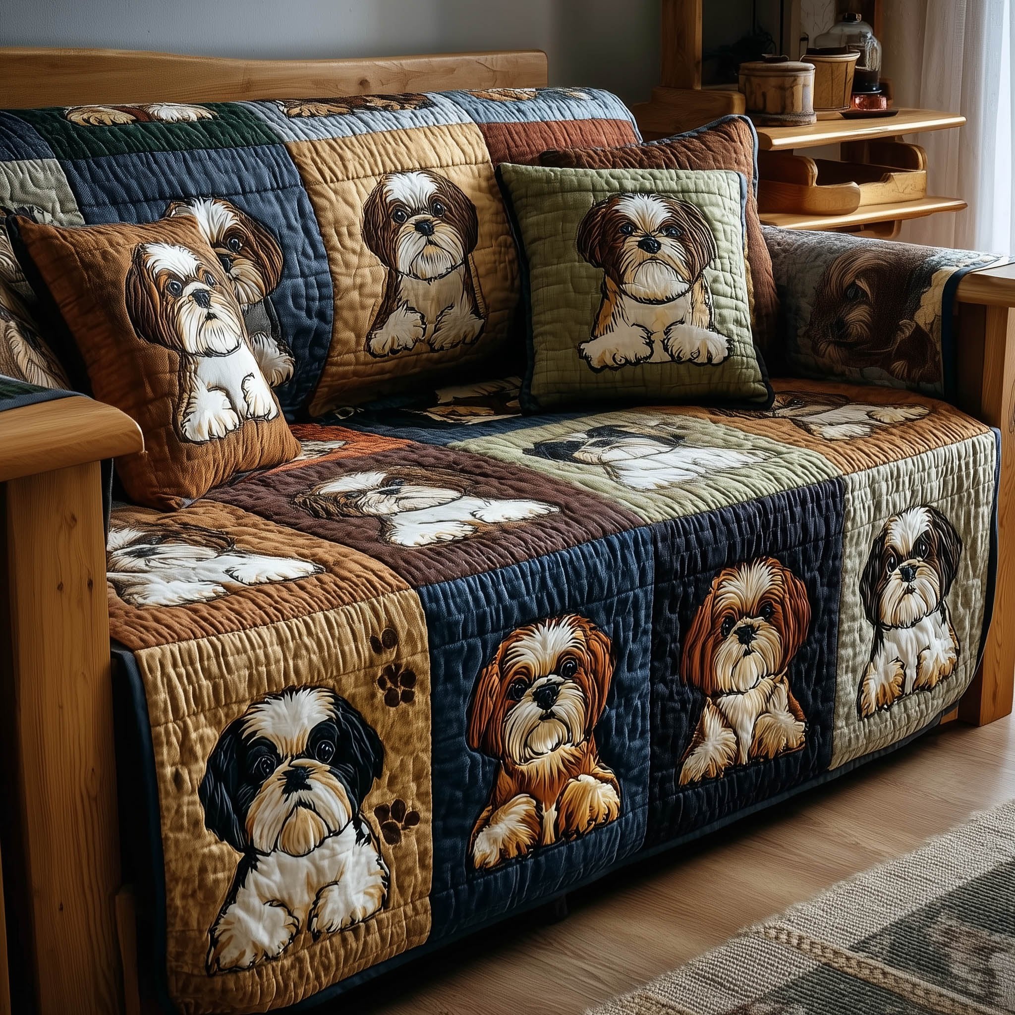 Shih Tzu Panels in Navy and Green Sofa Cover