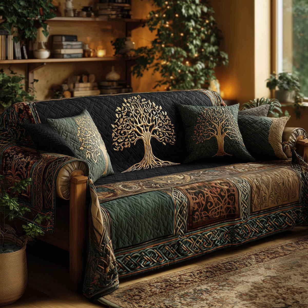 Ivory Tree of Life on Slate Blue Sofa Cover