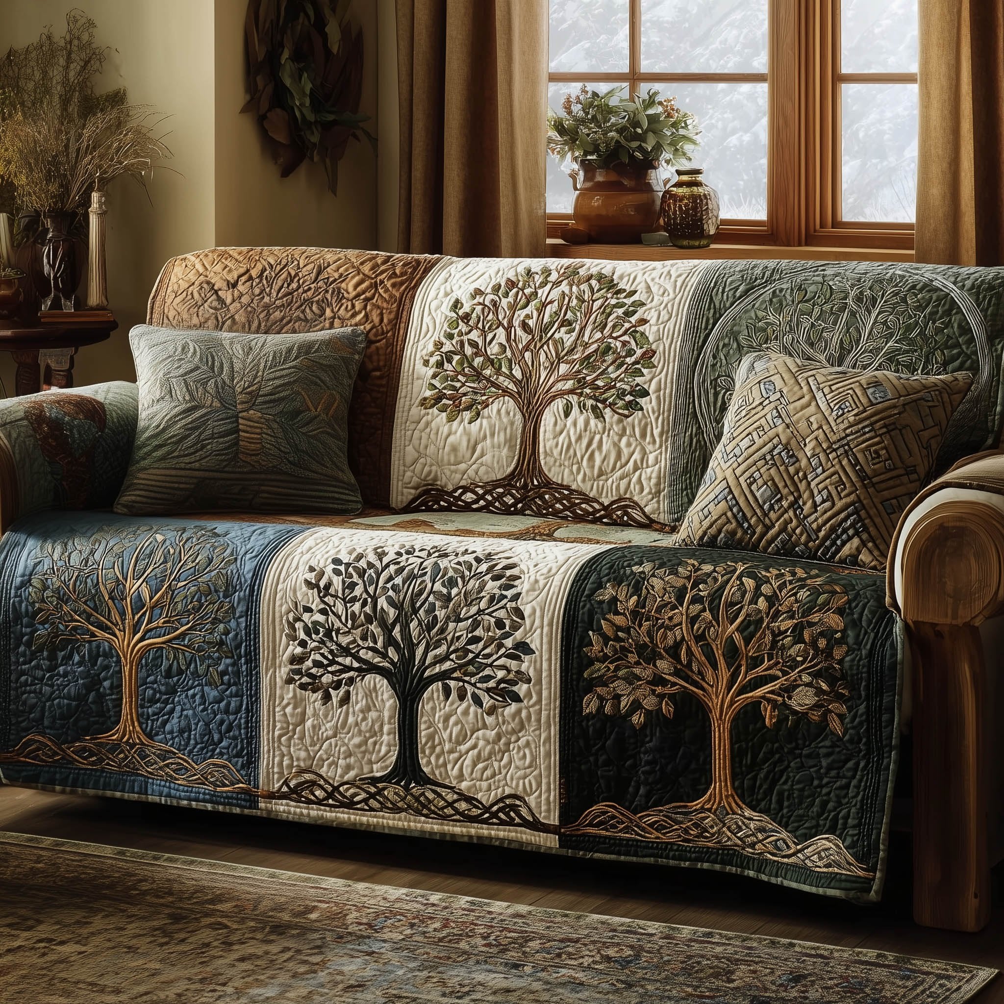Tree of Life in Sage Patchwork Blocks Sofa Cover