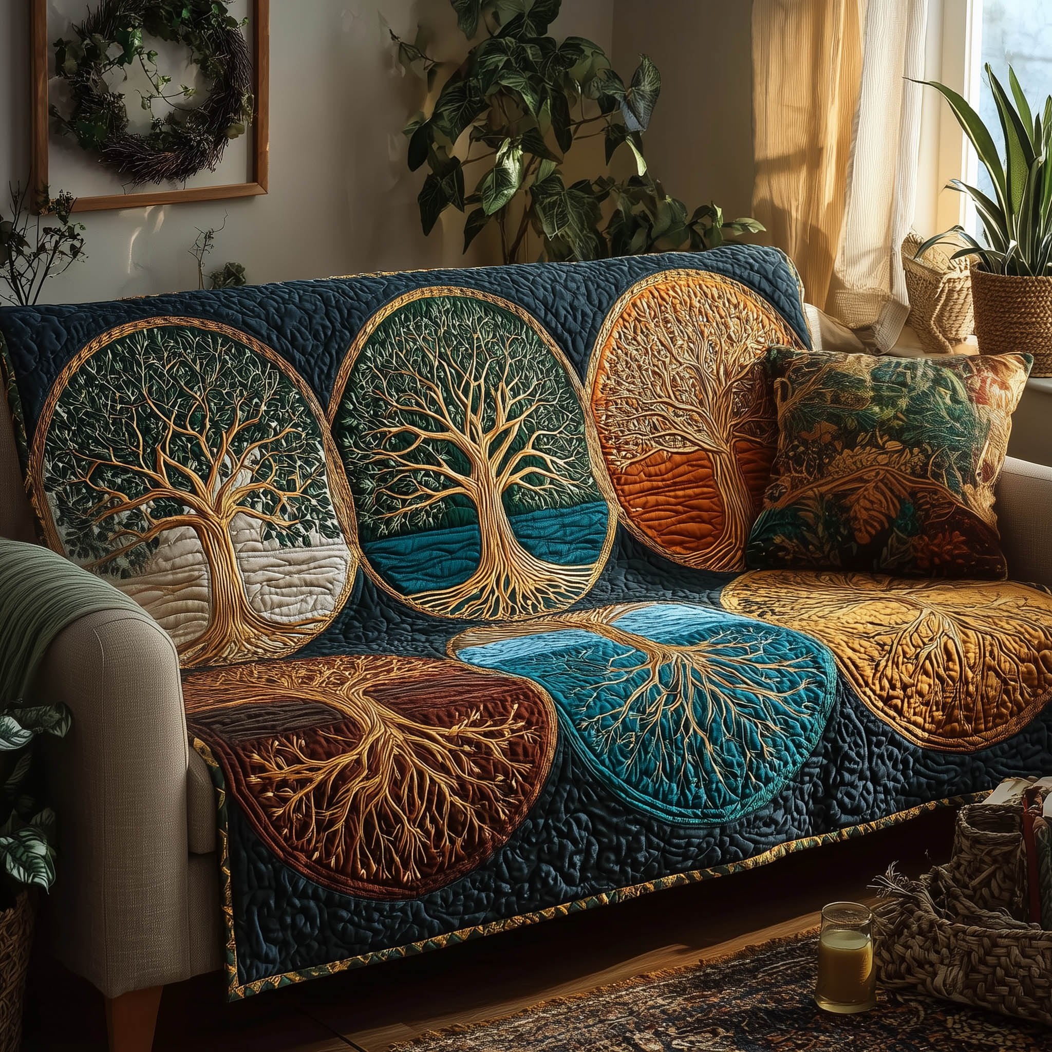 Tree of Life Circles in Blue and Copper Sofa Cover