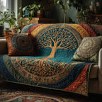 Golden Tree of Life on the Teal Mandala Sofa Cover