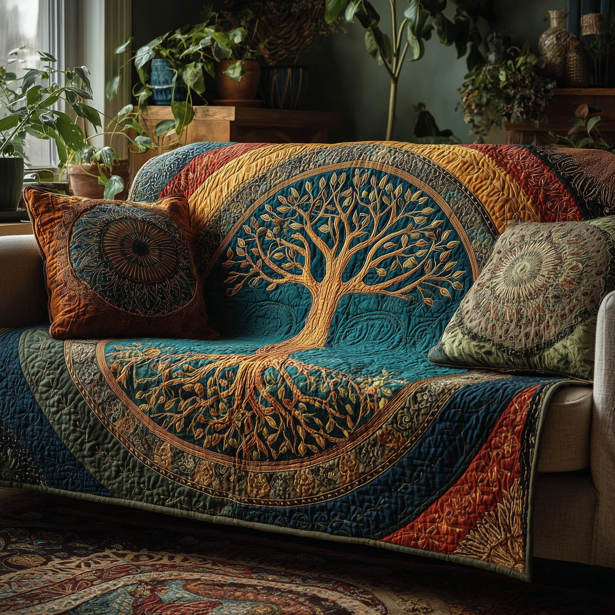 Golden Tree of Life on the Teal Mandala Sofa Cover