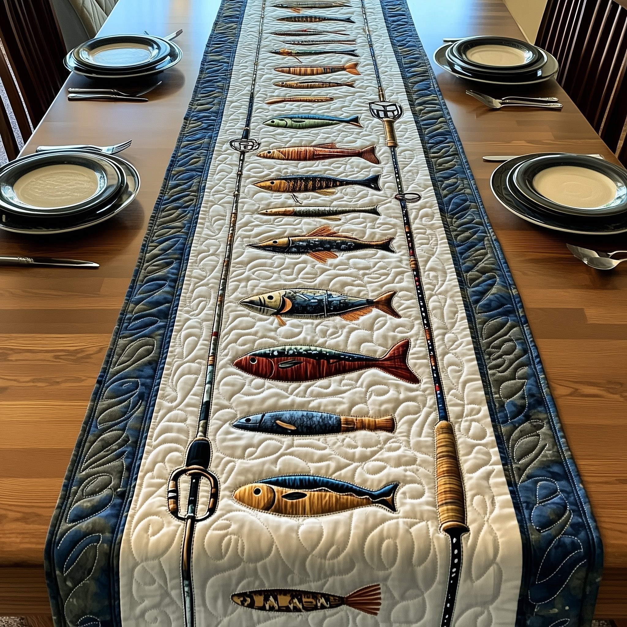 Fish on Cream with Blue Border Table Runner