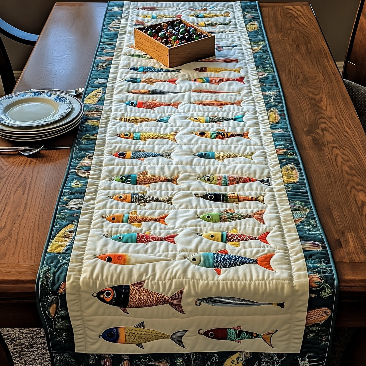 Rows of Colorful Fish on Cream Table Runner
