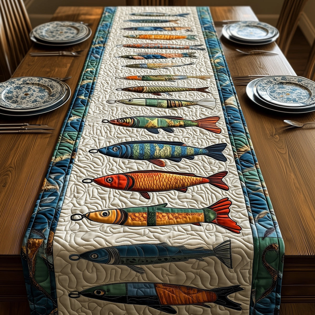 Bright Fish Rows with Blue Border Table Runner