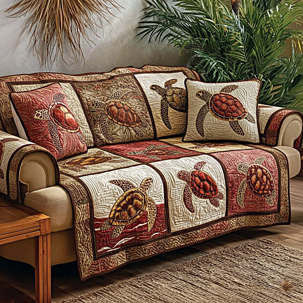 Sea Turtles on Rust and Cream Blocks Sofa Cover
