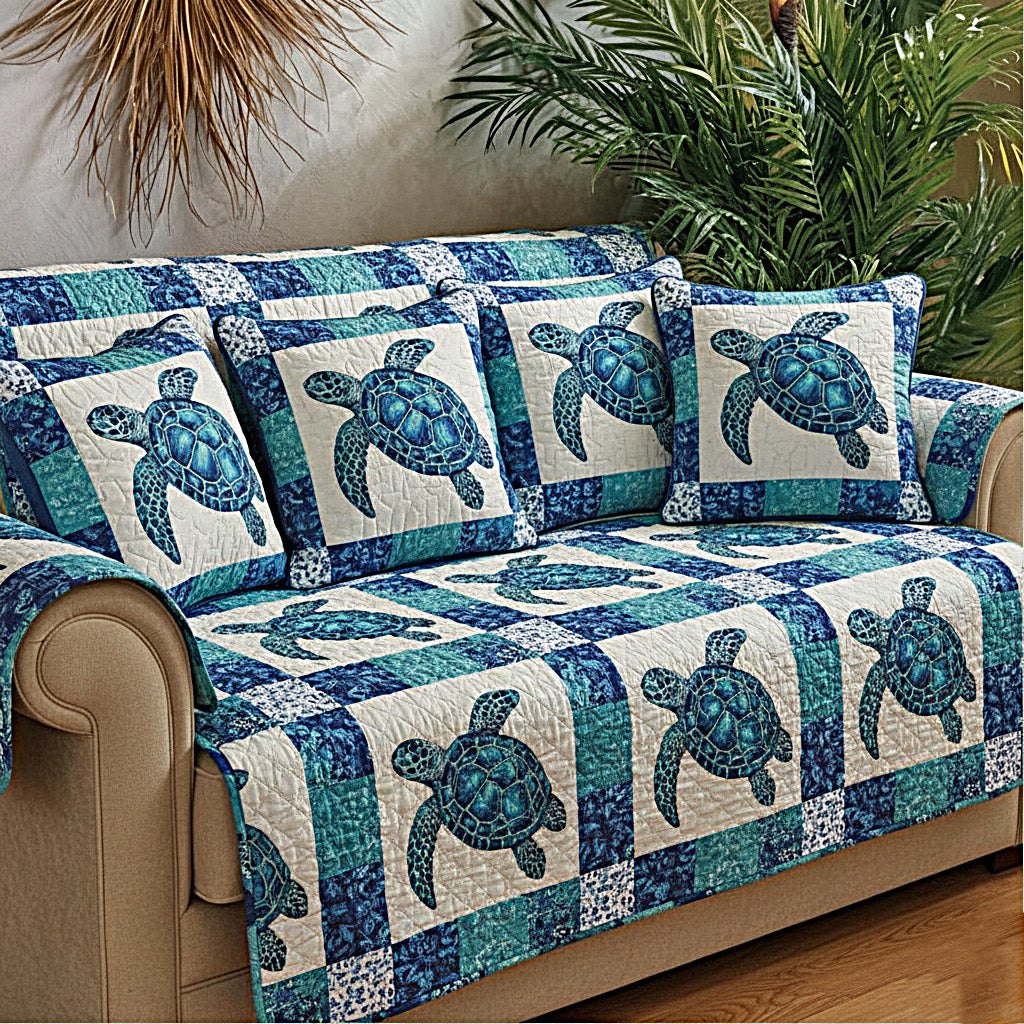 Sea Turtles in Blue and White Squares Sofa Cover
