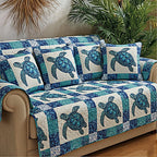 Sea Turtles in Blue and White Squares Sofa Cover