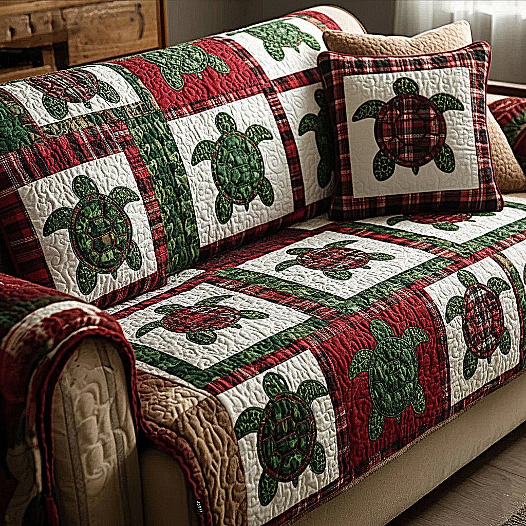 Sea Turtles on Green and Crimson Patchwork Sofa Cover