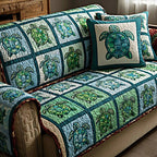 Sea Turtles in Jade and Cream Panels Sofa Cover