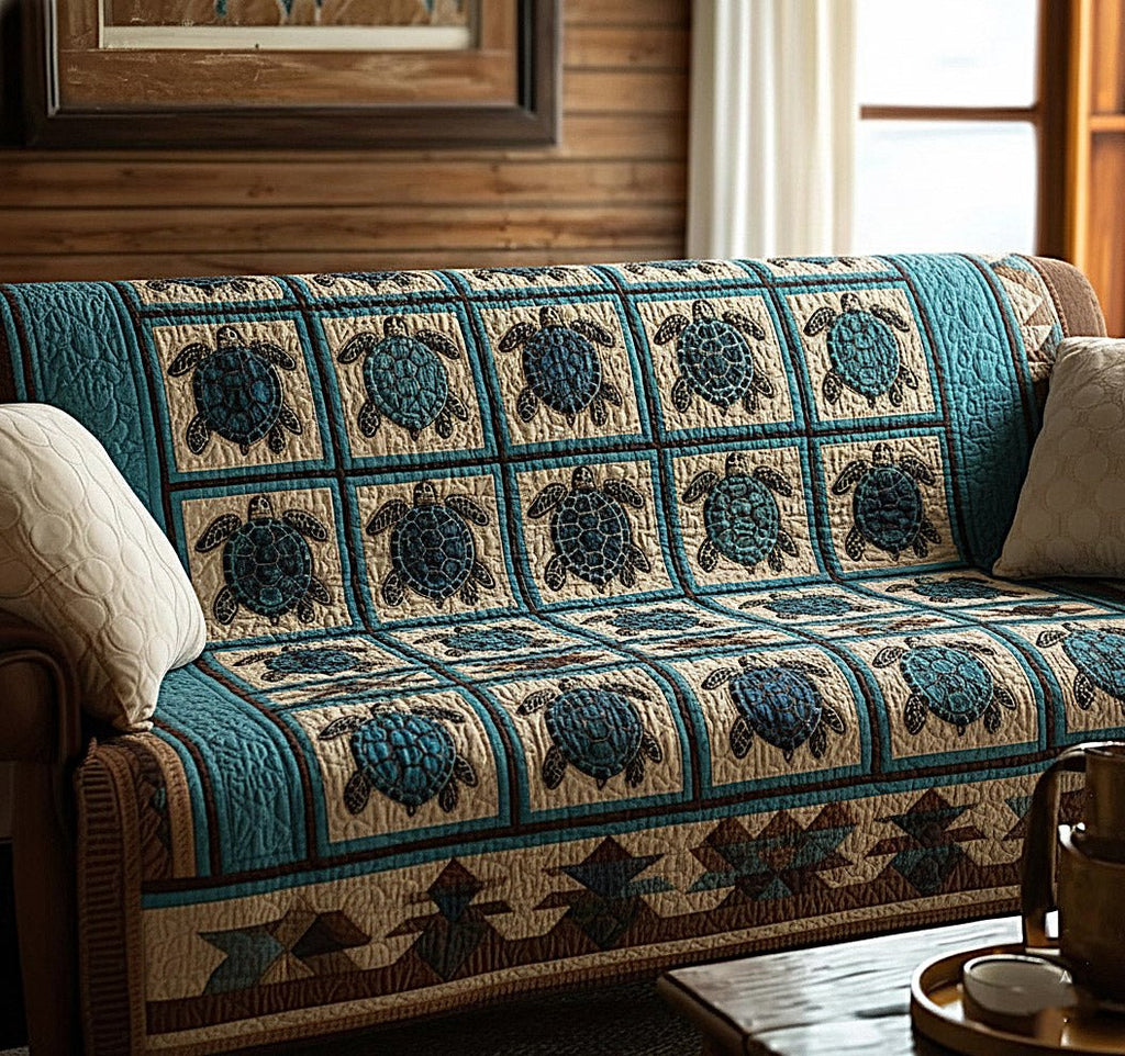 Sea Turtle Grid in Deep Teal Sofa Cover