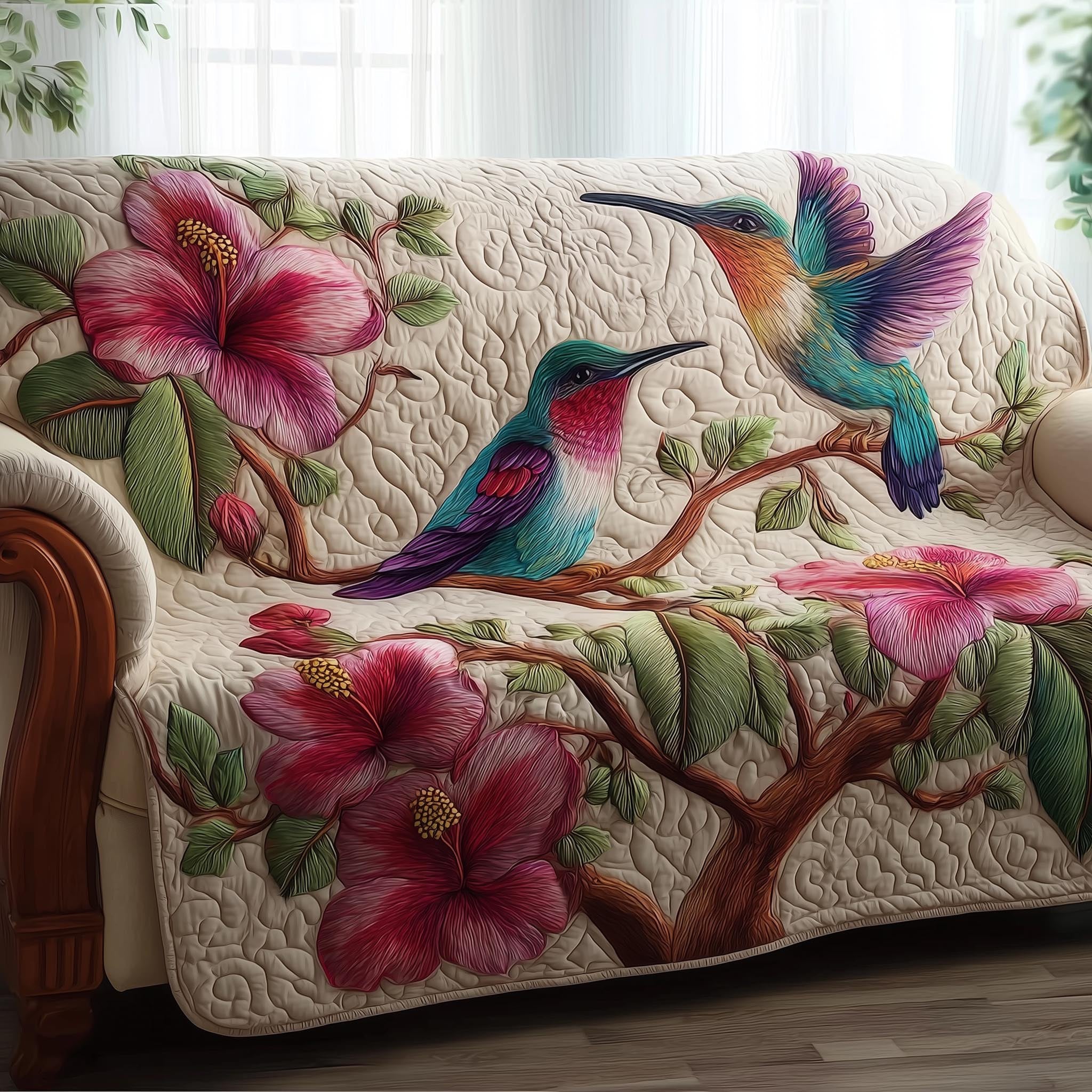 Hummingbird on the Pink Hibiscus Branch Sofa Cover