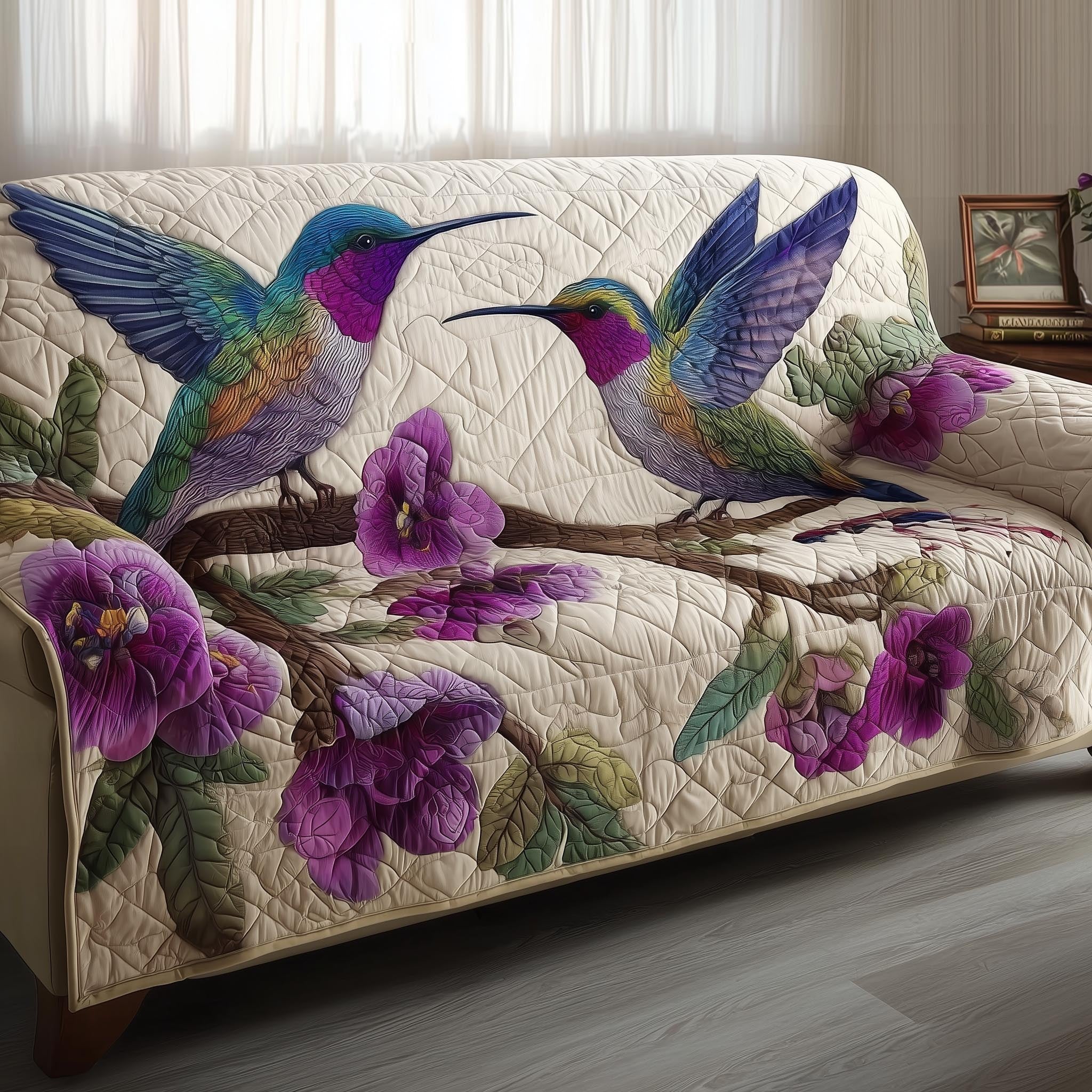 Hummingbirds Among Purple Blossoms Sofa Cover