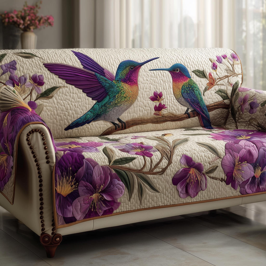 Two Hummingbirds Over Purple Orchids Sofa Cover