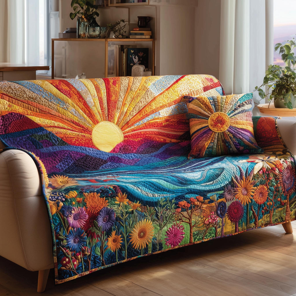 Sunrise Over the River and Wildflowers Sofa Cover