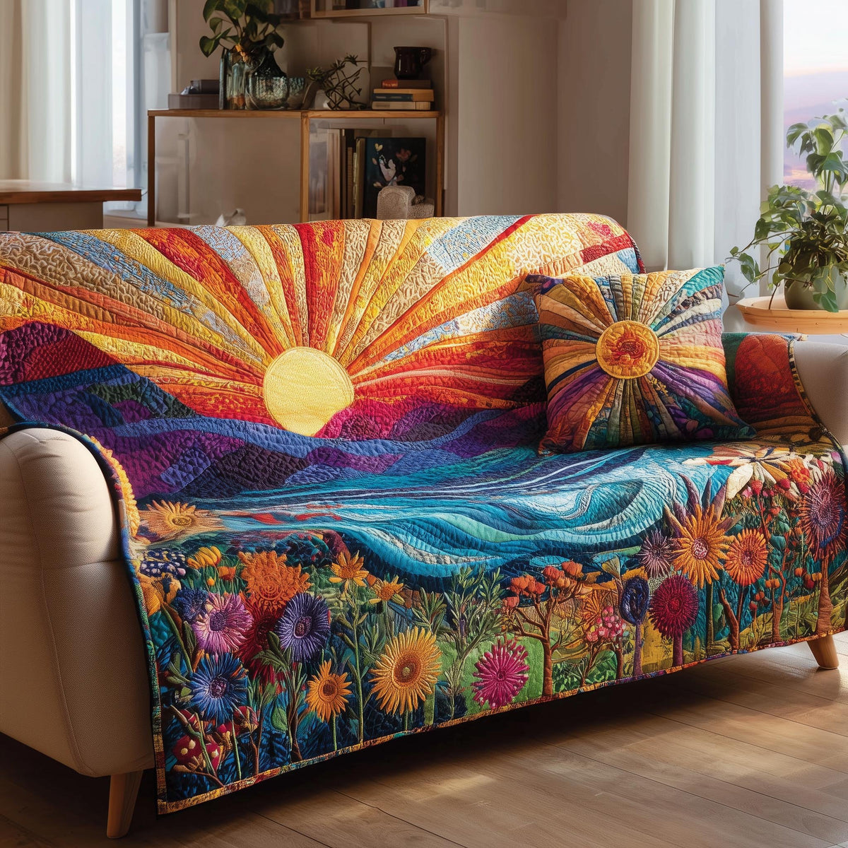 Sunrise Over the River and Wildflowers Sofa Cover