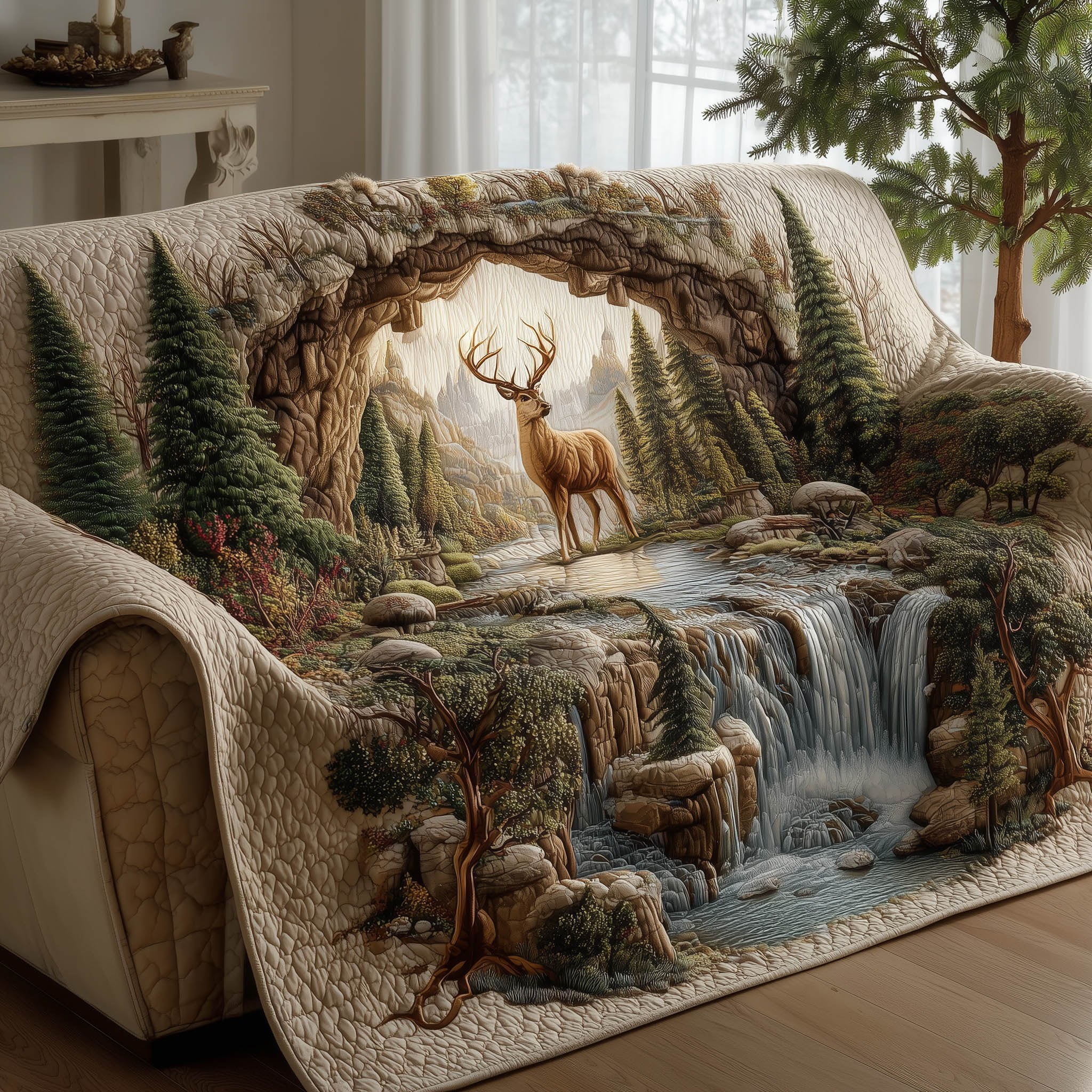 Stag Above the Forest Waterfall Sofa Cover