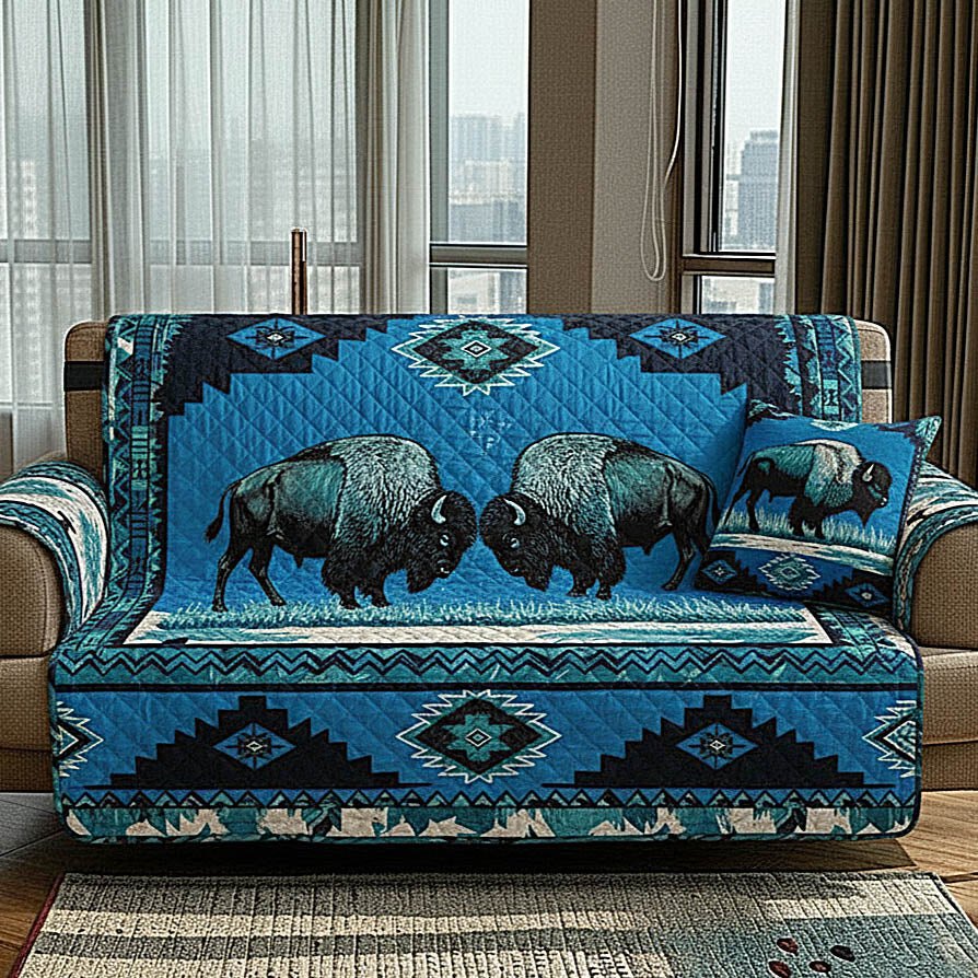 Bison on Blue Southwestern Diamonds Sofa Cover