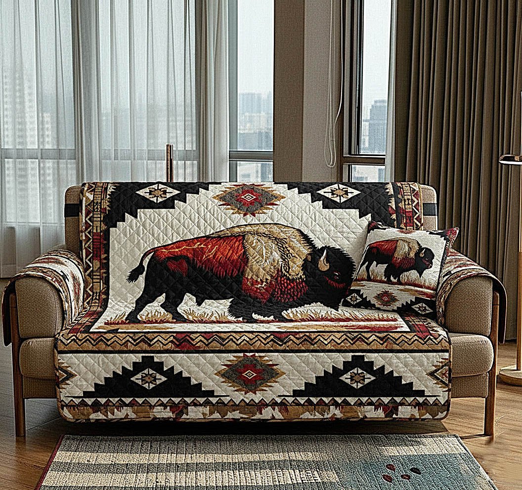 Bison on the Cream Woven Rug Pattern Sofa Cover