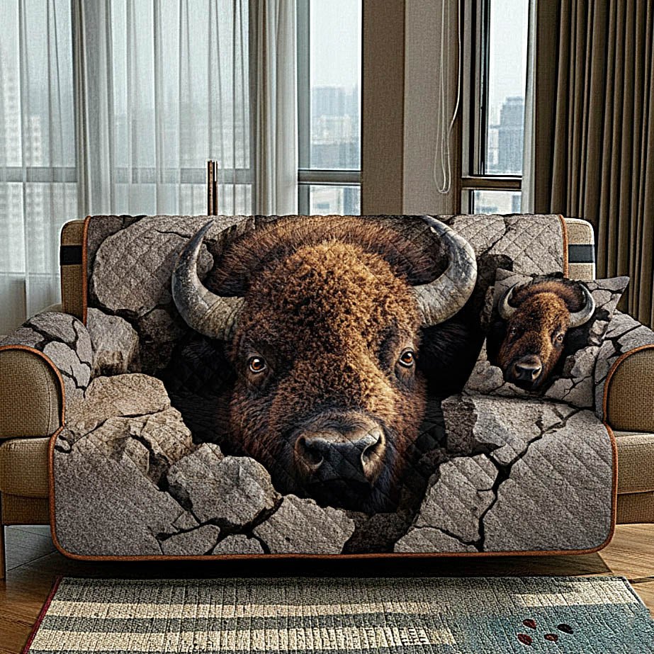 Bison Head Through the Cracked Stone Sofa Cover