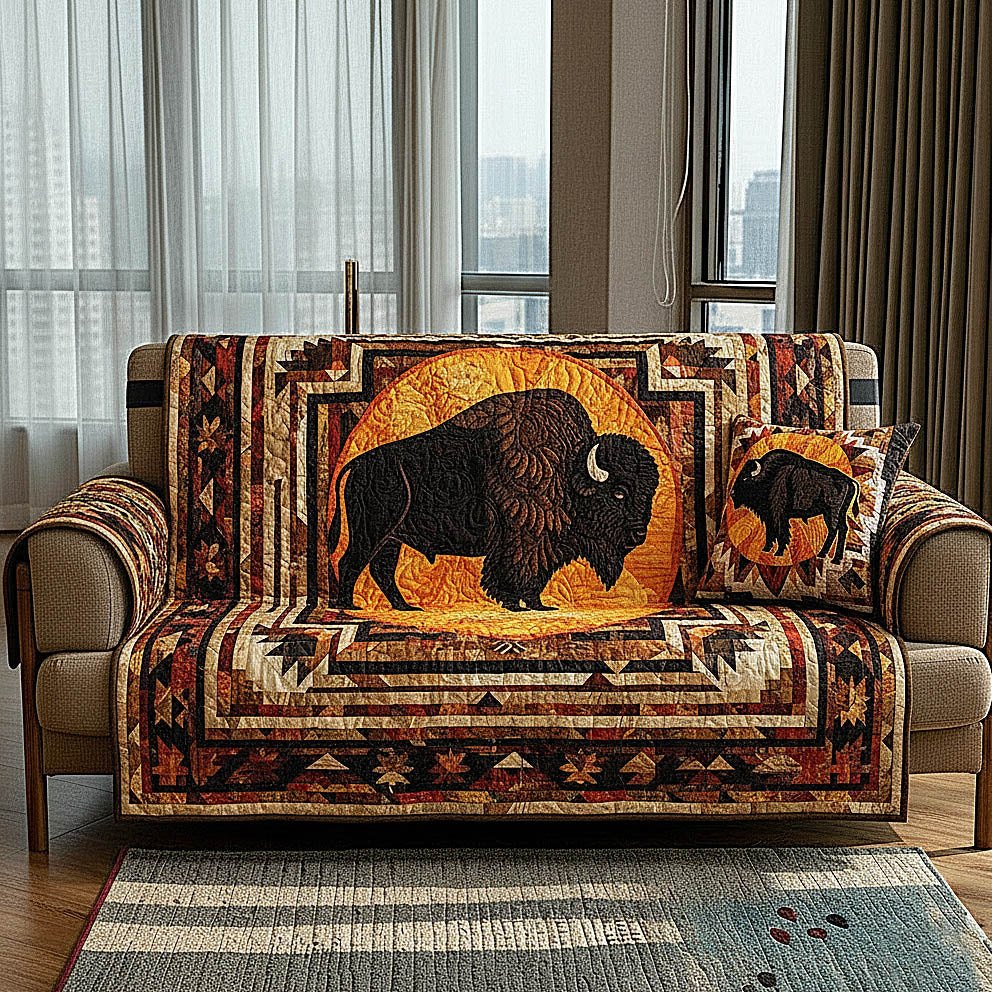 Black Bison on the Golden Aztec Panel Sofa Cover