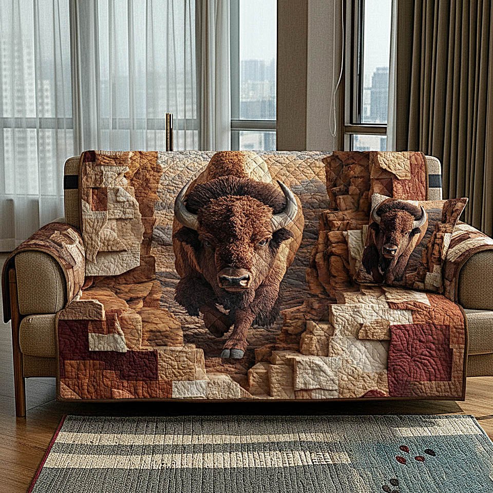 Bison Stampede Along the Rock Wall Sofa Cover