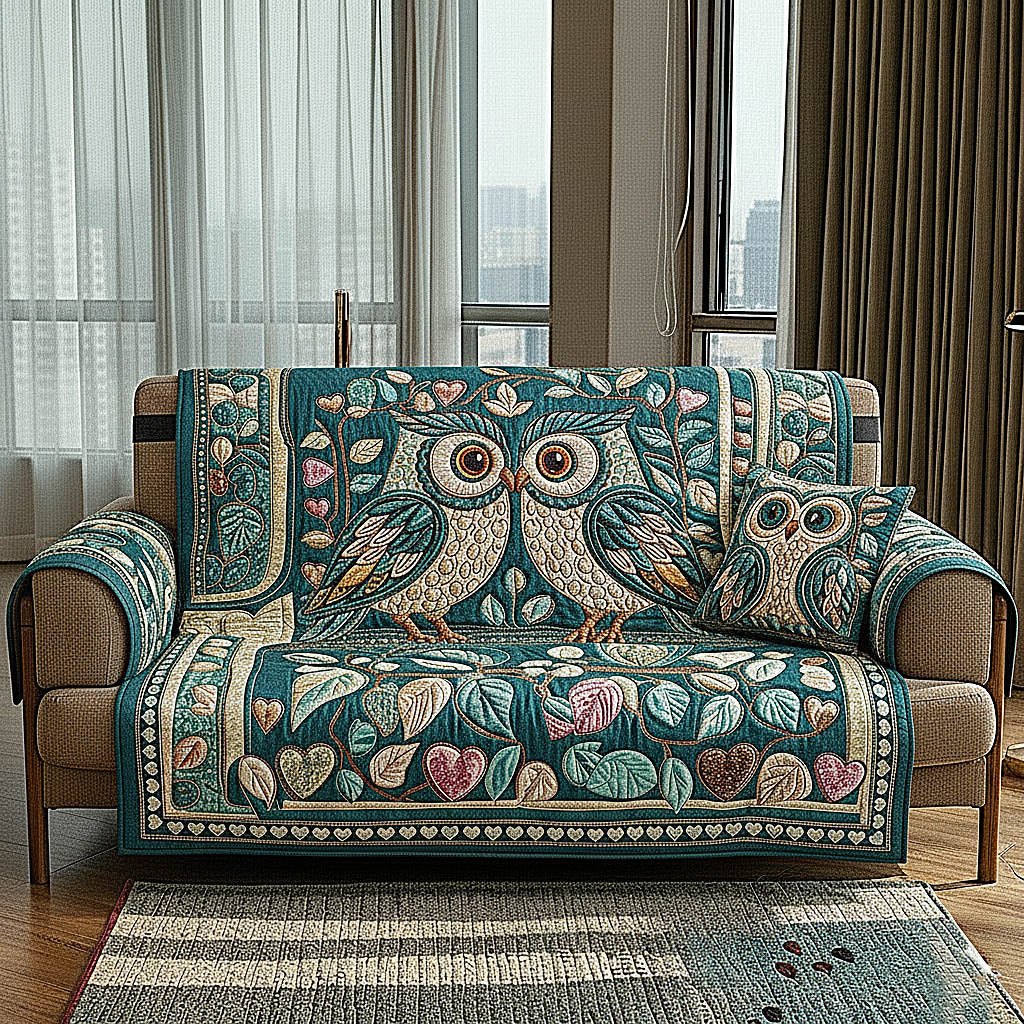 Folk Art Owls in Teal Sofa Cover