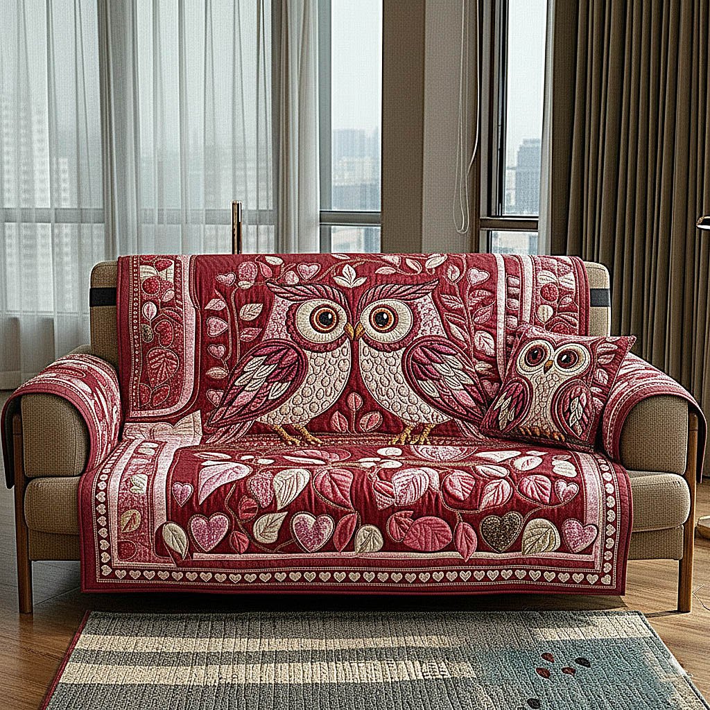 Folk Art Owls in Deep Red Sofa Cover