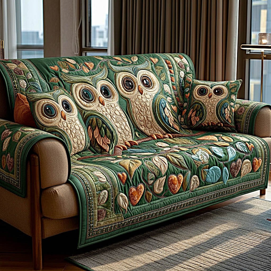 Folk Art Owls in Forest Green Sofa Cover