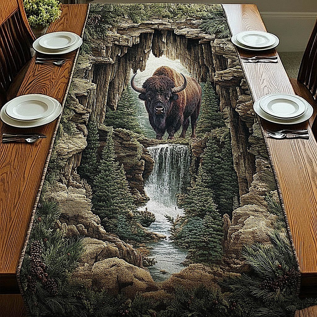 Bison Above a Waterfall Gorge Table Runner