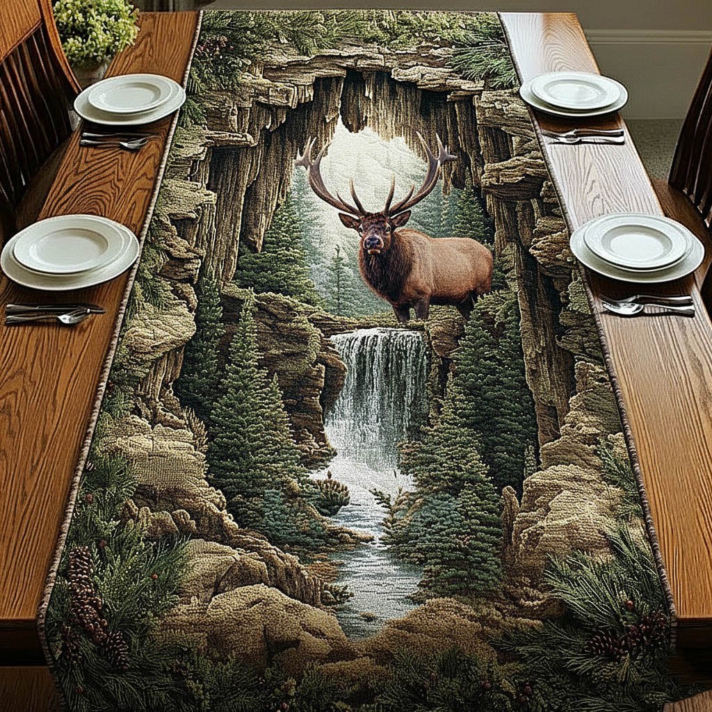 Elk Above a Waterfall Gorge Table Runner