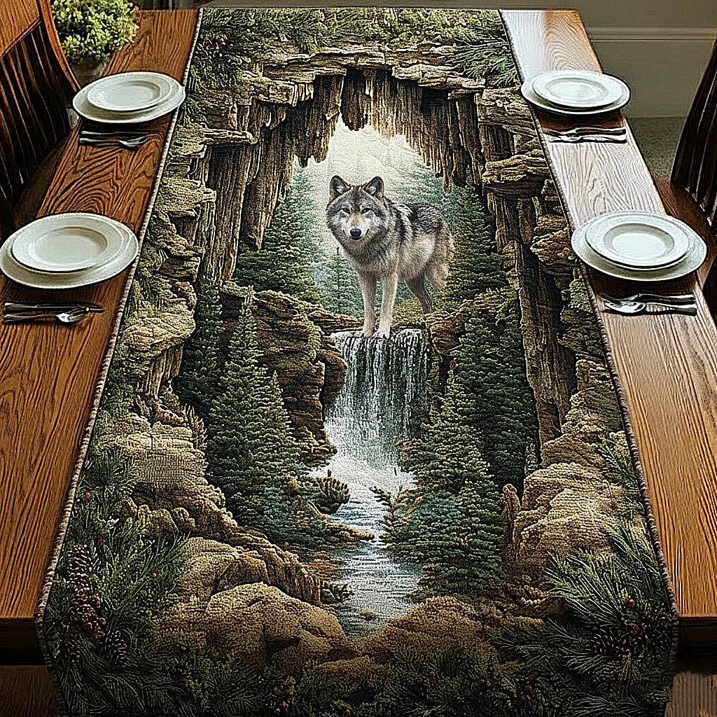 Wolf Above a Waterfall Gorge Table Runner
