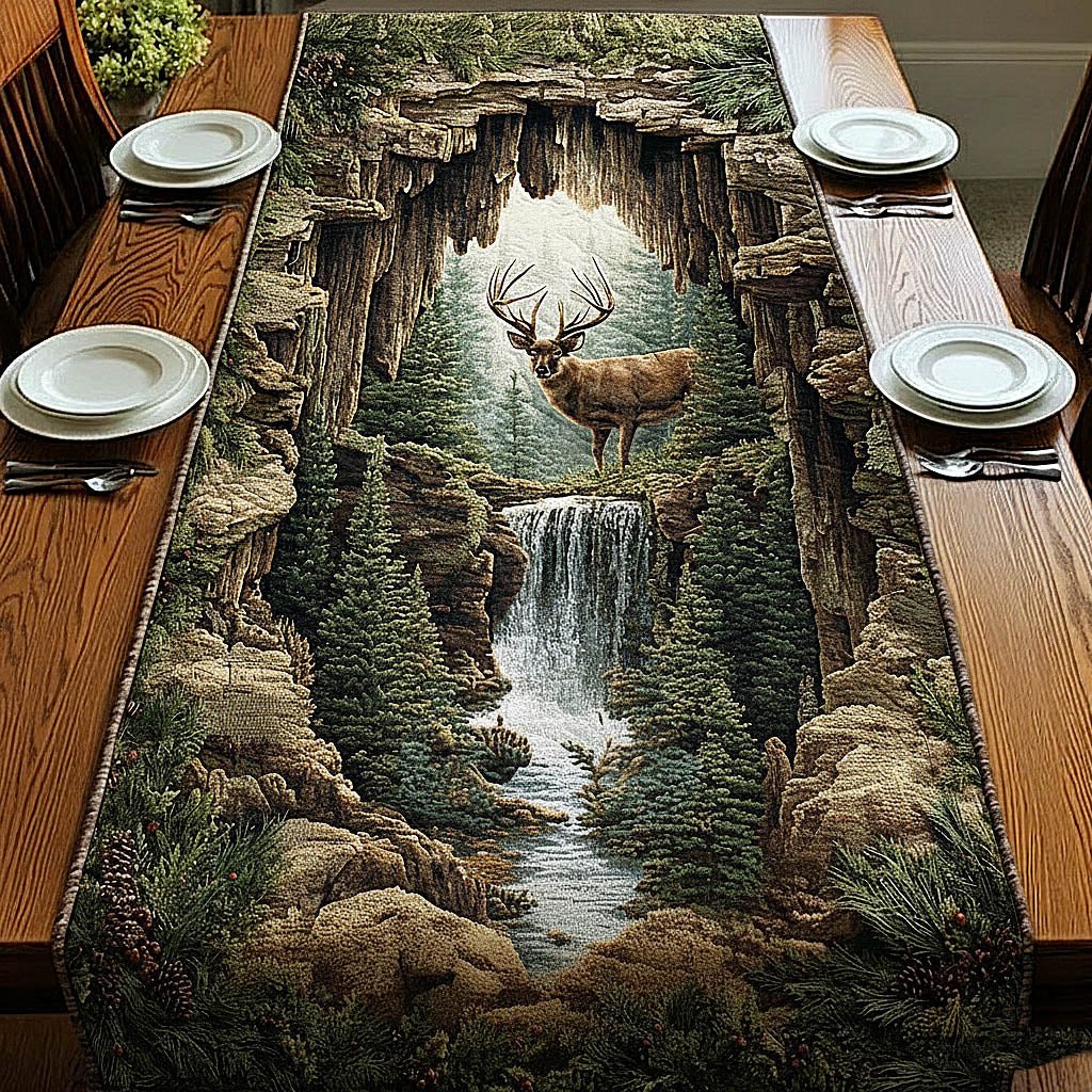 Deer Above a Waterfall Gorge Table Runner