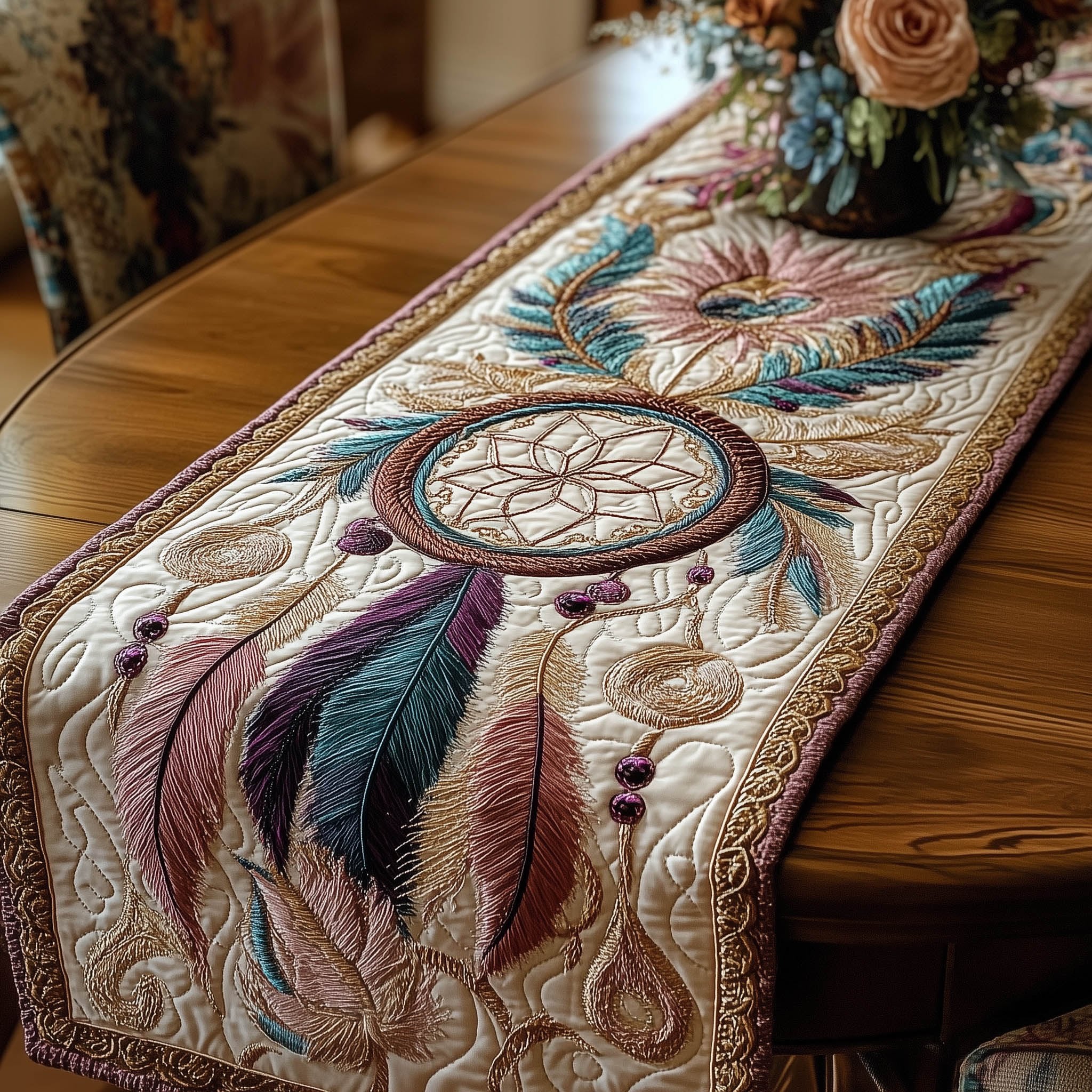 Dreamcatcher with Pastel Feathers on Cream Table Runner