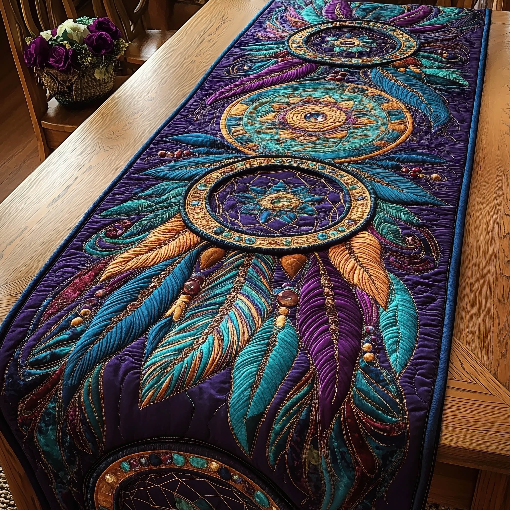 Dreamcatcher on Purple with Teal Plumes Table Runner