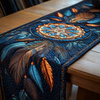 Dreamcatcher on Blue with Orange Feathers Table Runner
