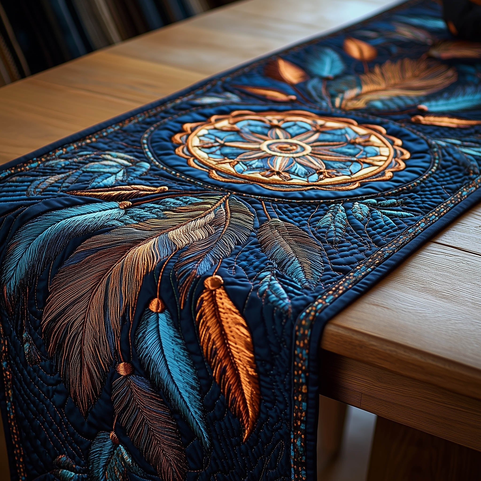 Dreamcatcher on Blue with Orange Feathers Table Runner