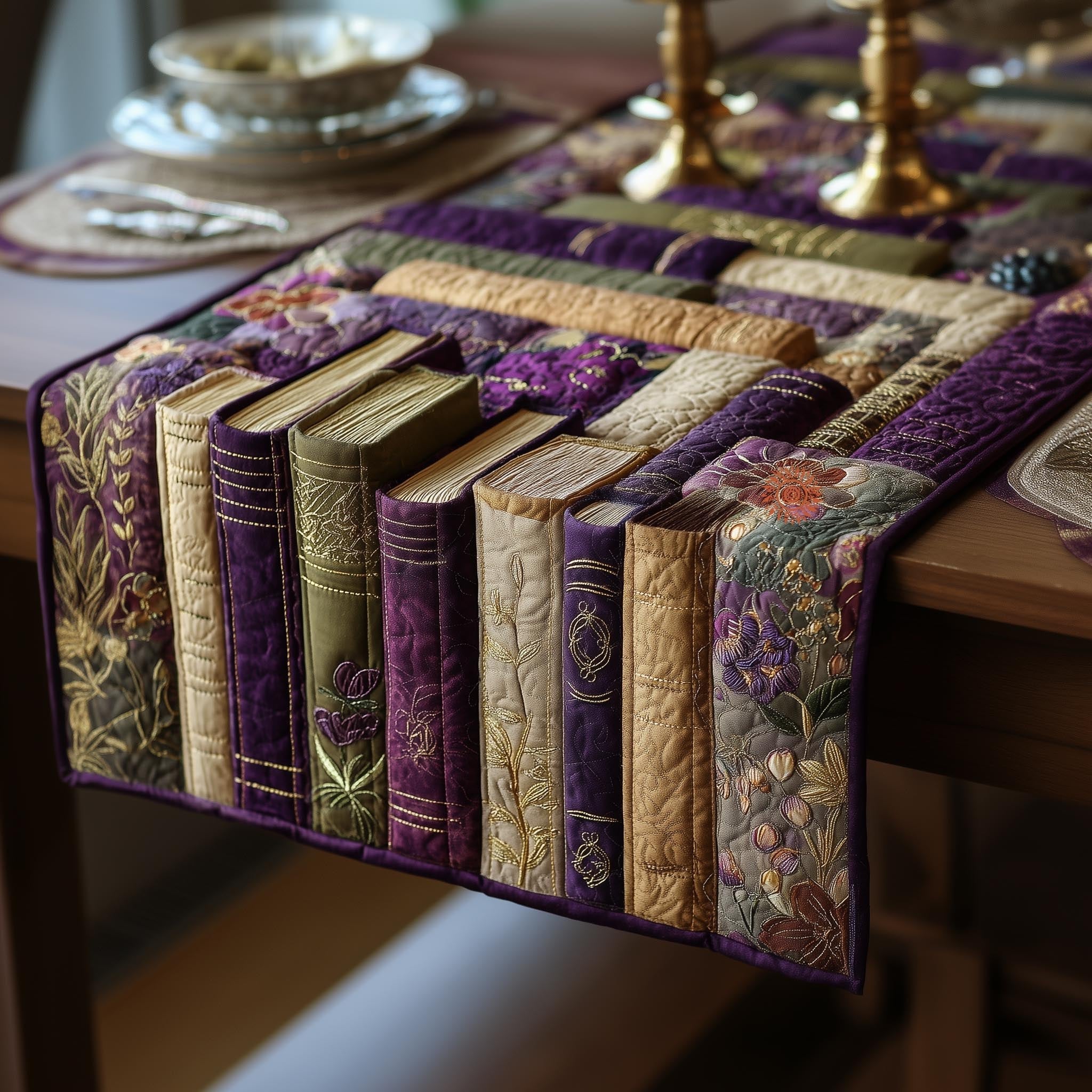 Books on Purple with Lavender Sprigs Table Runner