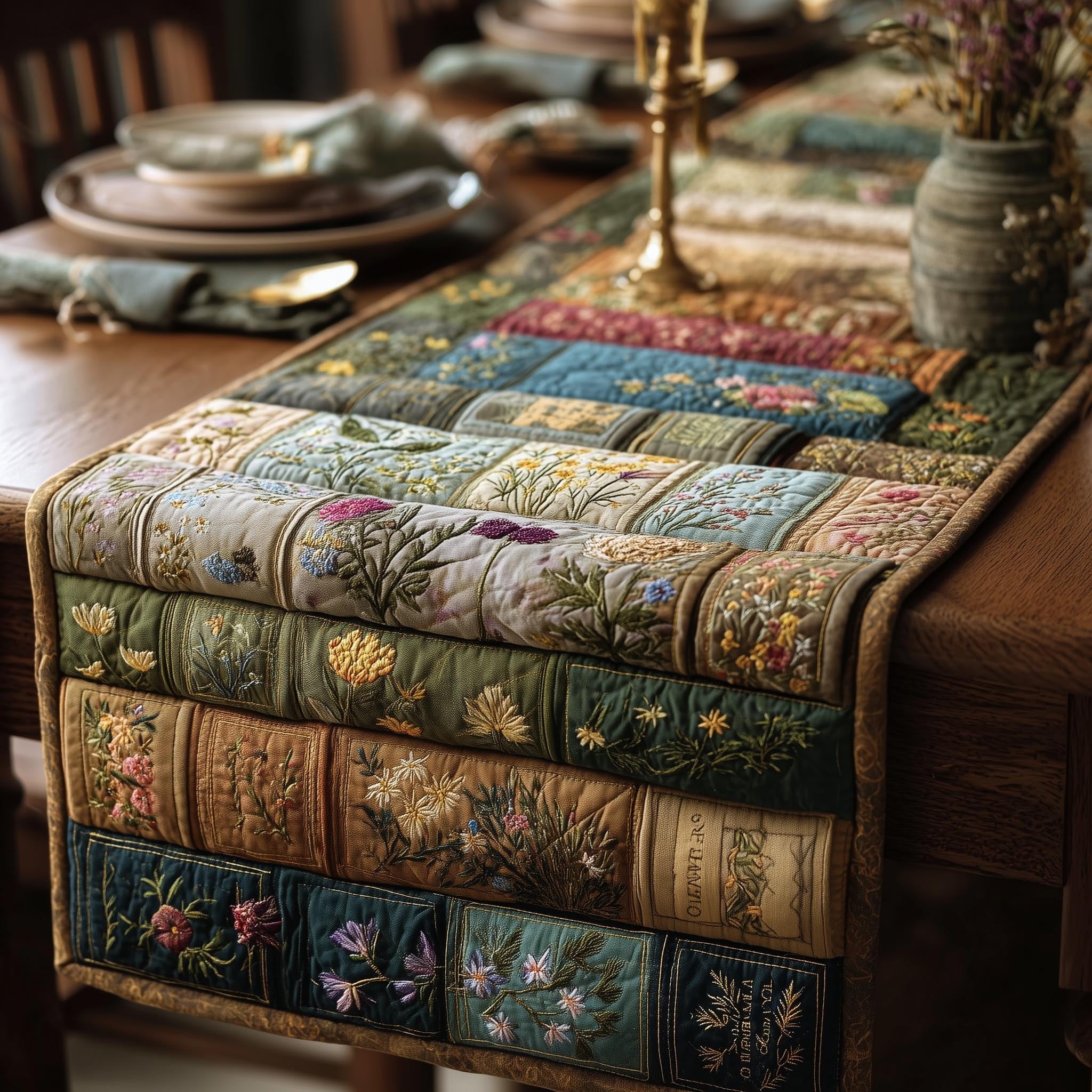 Floral Book Spines on Green Table Runner