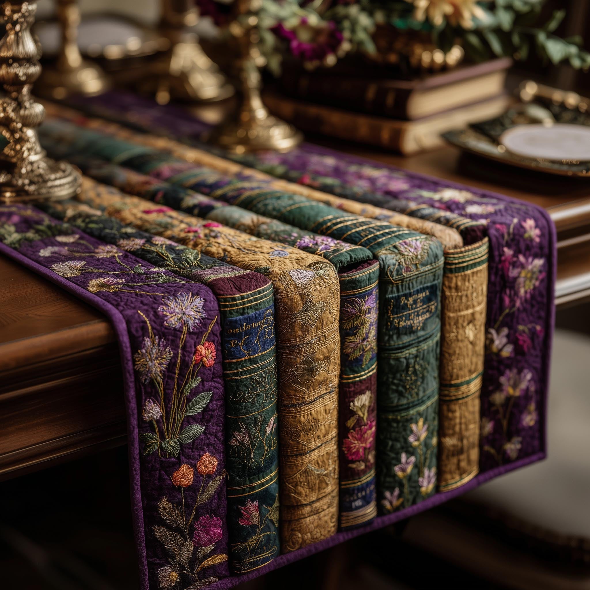 Books with Flowers on Purple Table Runner