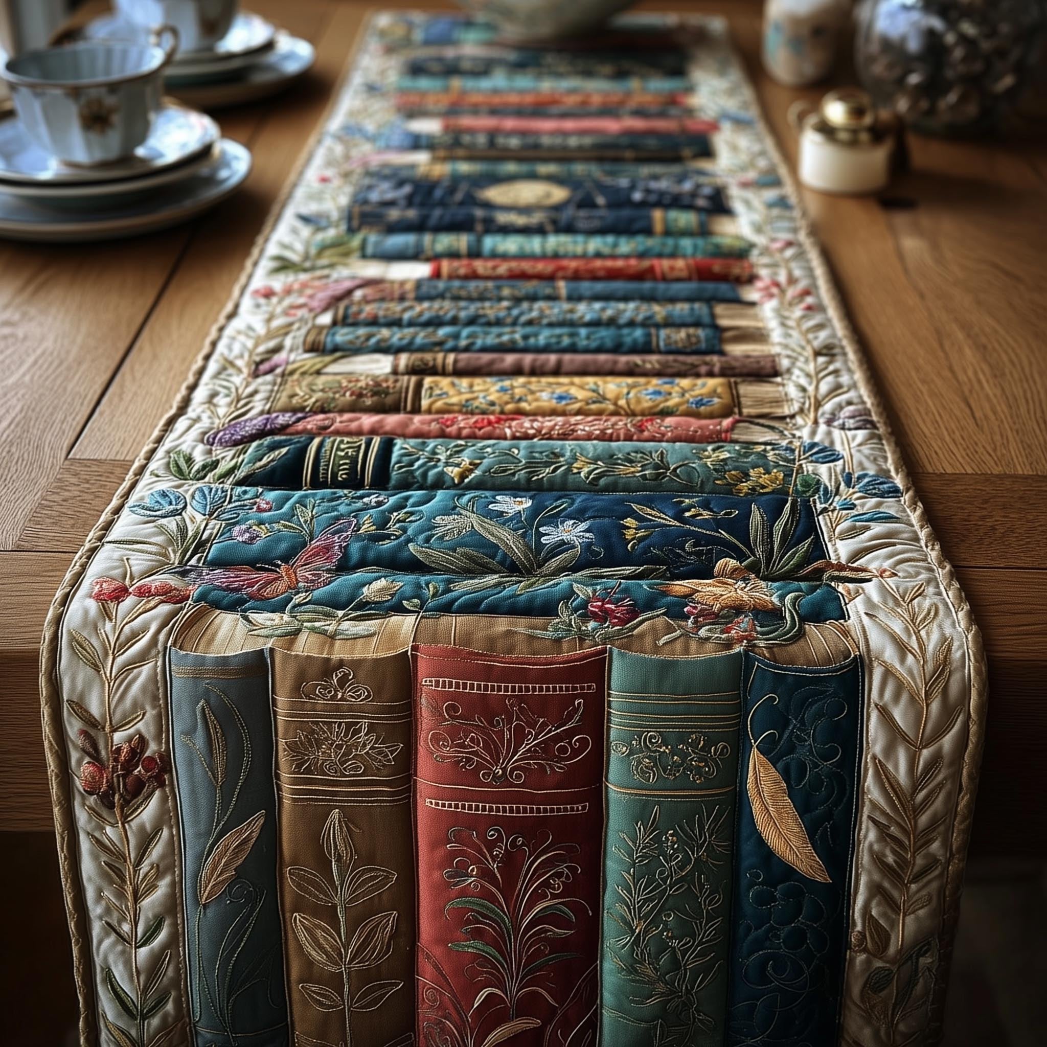 Blue and Teal Book Spines Table Runner