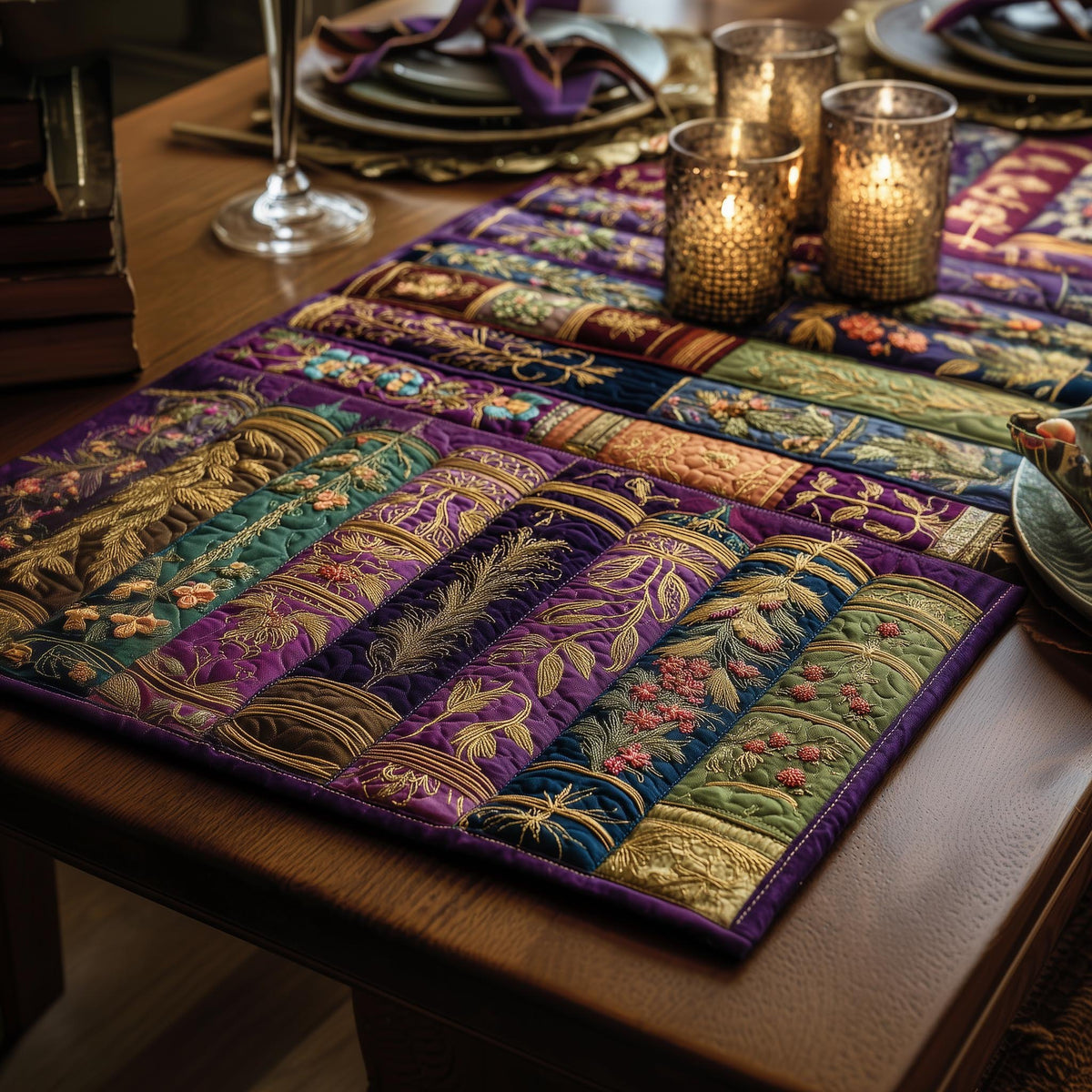 Books in Green and Purple Rows Table Runner