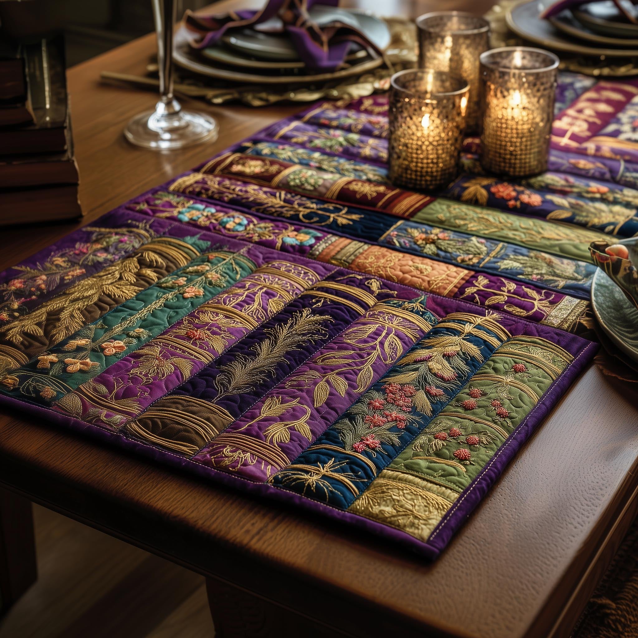 Books in Green and Purple Rows Table Runner