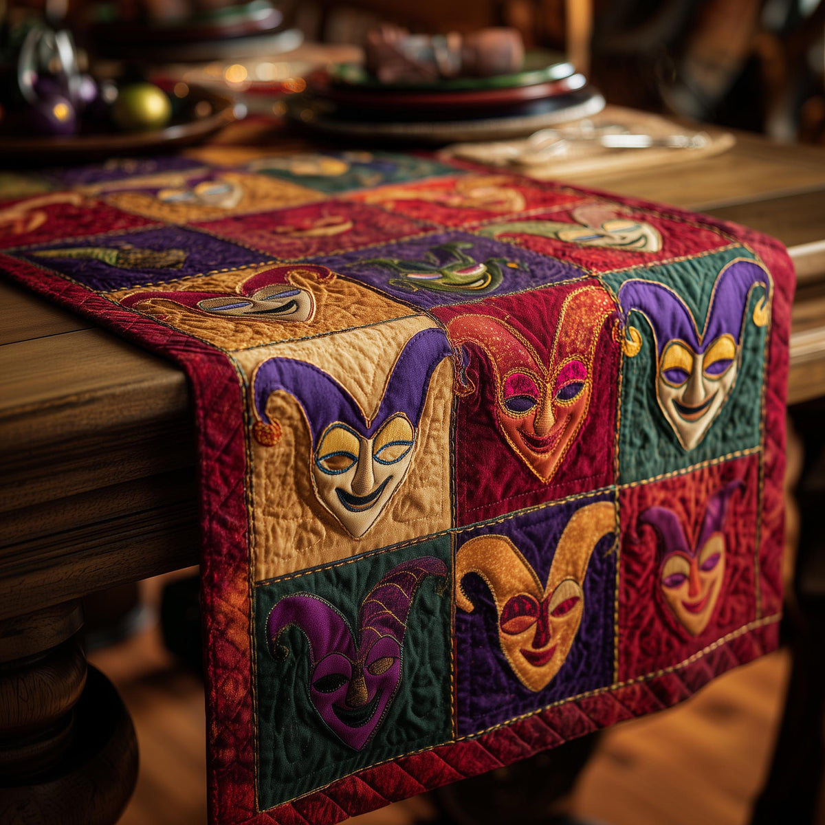 Jester Masks in Bright Blocks Table Runner