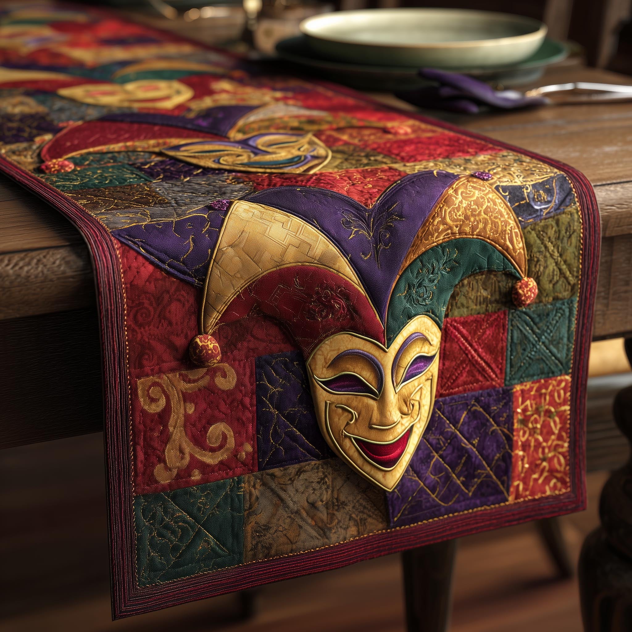 Jester Mask with Belled Hat Table Runner