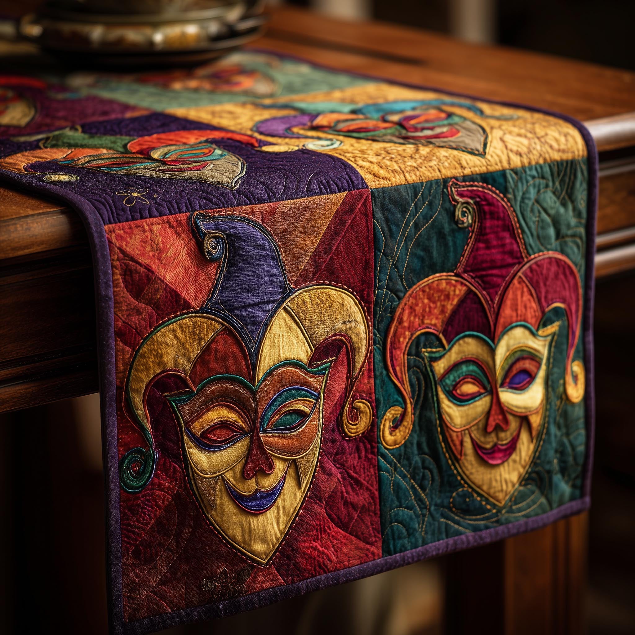 Two Jester Masks in Red and Green Table Runner